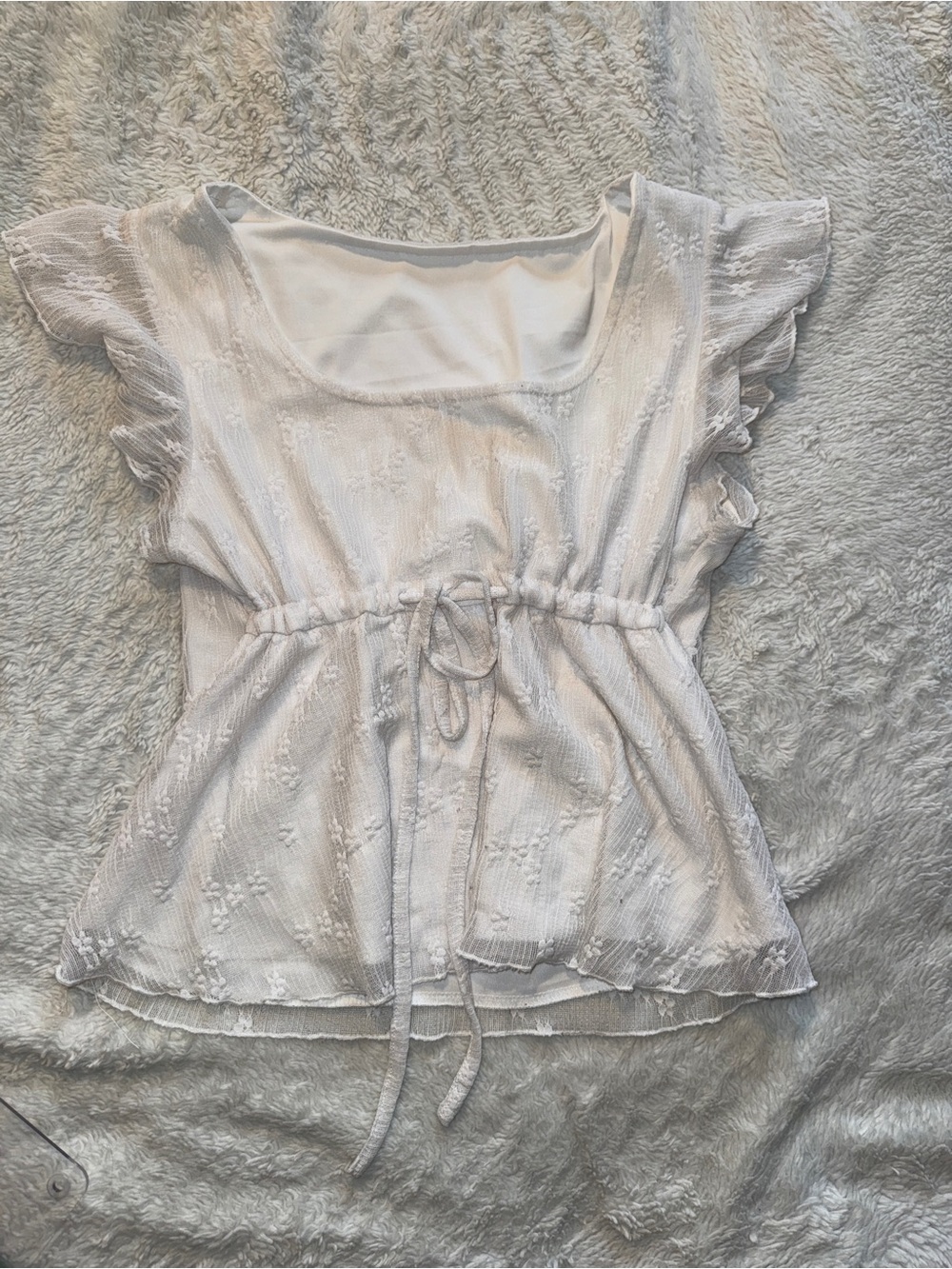 White Floral Textured Drawstring Flutter-Sleeve Top